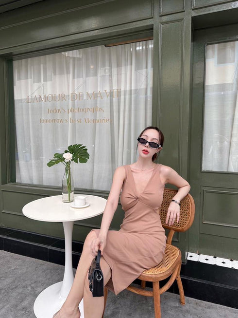 Evening V-neck Cut out Waist Split Fitted Dresses